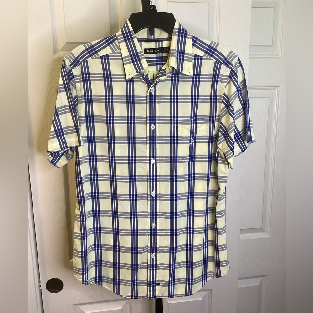 Nautica Men's Navy and Cream Checkered Shirt, size Medium